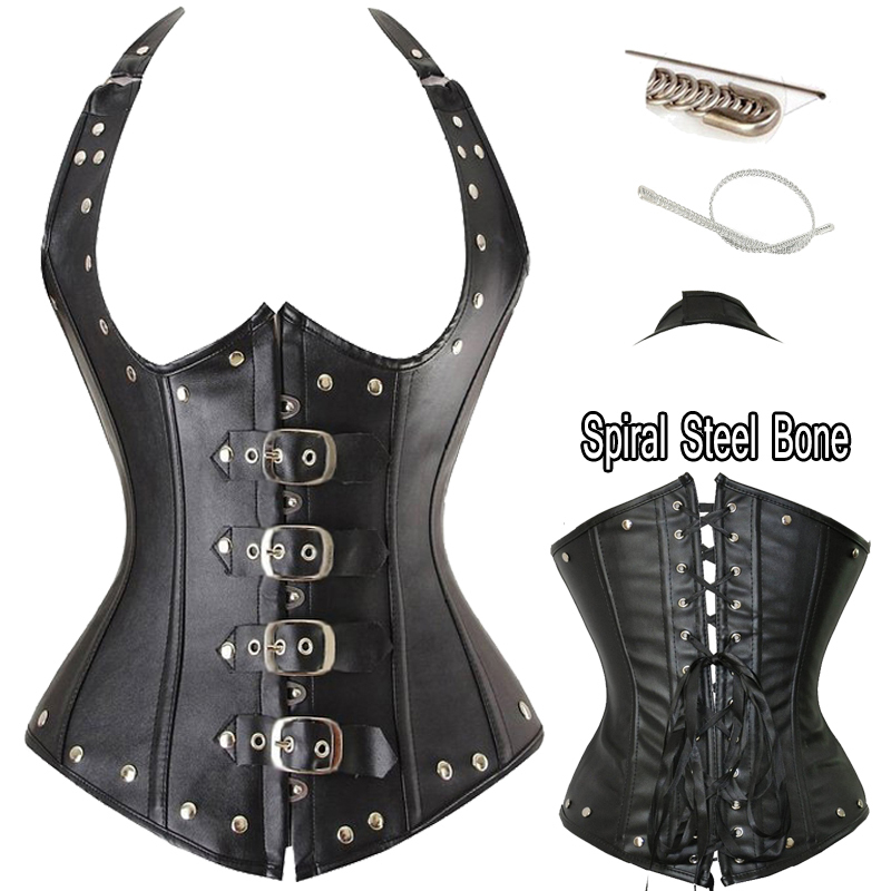 FULL SPIRAL STEEL BONE FAUX LEATHER SUMMER NEW STYLE SEXY WOMEN SHAPER OVERBUST NAIL METALLIC STEAMPUNK