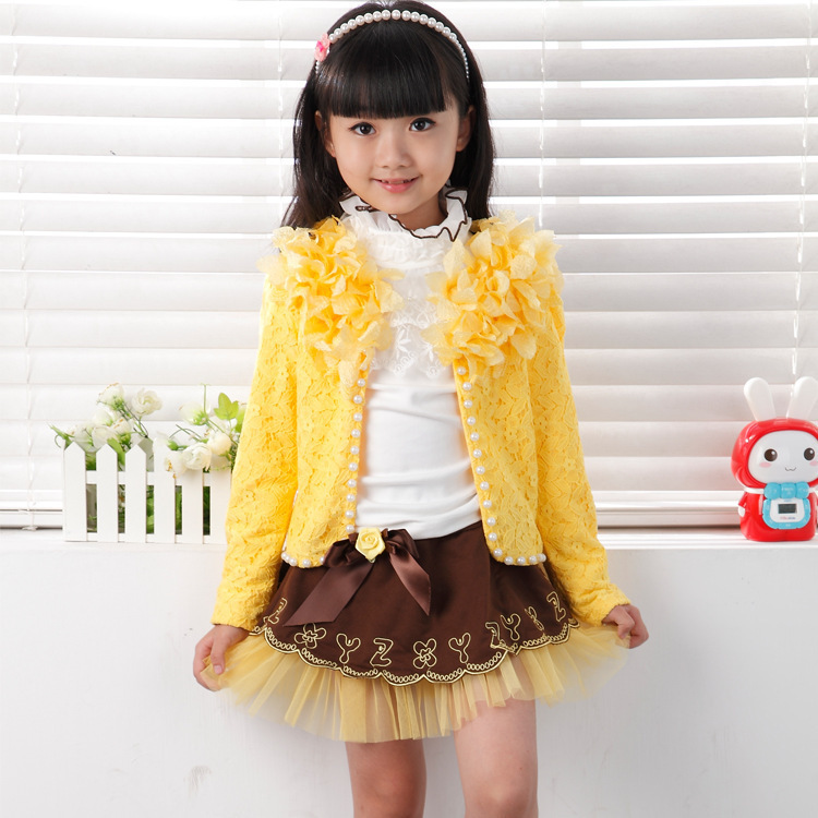 Fashion girls clothing sets (coat + shirt + skirt )  kids clothes children casual dress baby clothing set  Qunsan lace collar