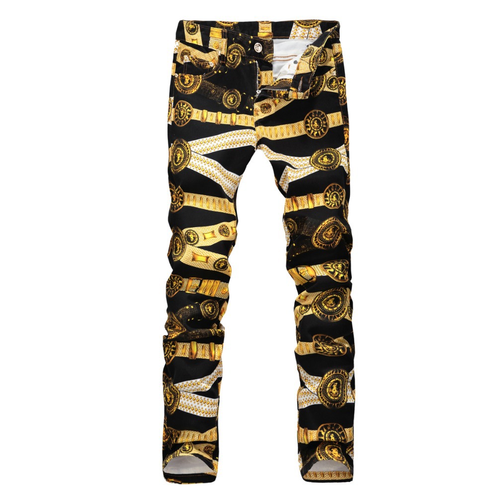 Buy Plus size factory fashion men casual black gold pattern print slim