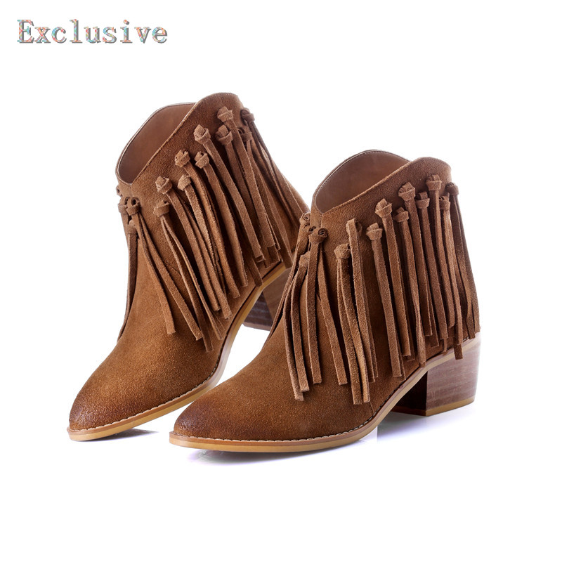 Woman Tassel Ankle Boots Winter Short Plush Nubuck Leather Full Grain Leather Thick With Shoe Pointed Toe Zip Tassel Ankle Boots