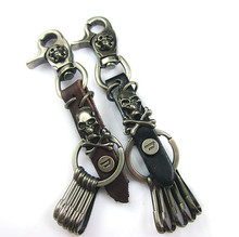 fashion 100 genuine leather skull keychain high quality Punk trendy jewelry all matches key chains for