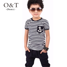 New 2015 summer style clothing sets kids pants Top boys girls Stripe and plaid clothes children