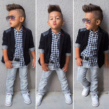 Boys Fashion Clothing children s suits handsome black jacket font b plaid b font shirt jeans