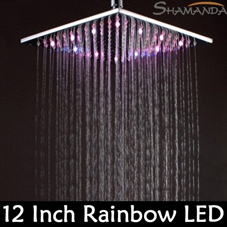 Free Shipping Solid Brass Chrome Finished 12 Inch LED Shower Head With 30x30 cm Rainbow Colors Showing Gradually As Time Changes