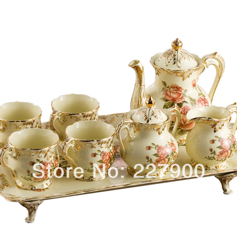 European England Luxury Hand Painted Red And Gold Rose Flower Ivory Porcelain Ceramic Coffee Set Tea