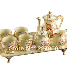European England Luxury Hand Painted Red And Gold Rose Flower Ivory Porcelain Ceramic Coffee Set Tea Set For Wedding