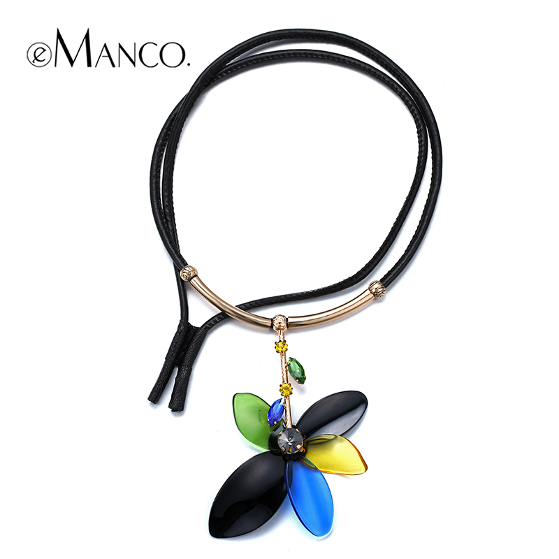 Green flower acrylic leather necklace crystal pendant statement necklace fashion jewelry for women 2015 new emanco