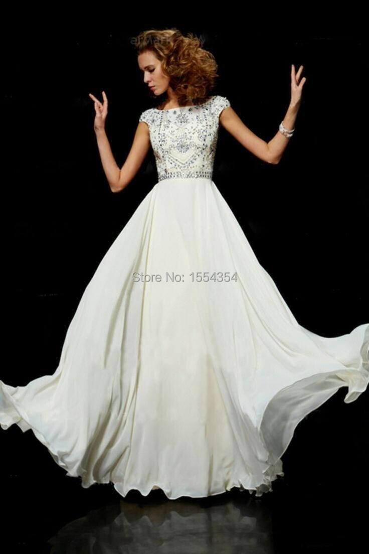 2014 Custom Made Long White Prom Dress Evening Gowns Ball Gown High