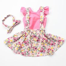 2016 new arrive girls clothes set pink vintage floral dress &headband baby girl clothes free shipping kids clothes
