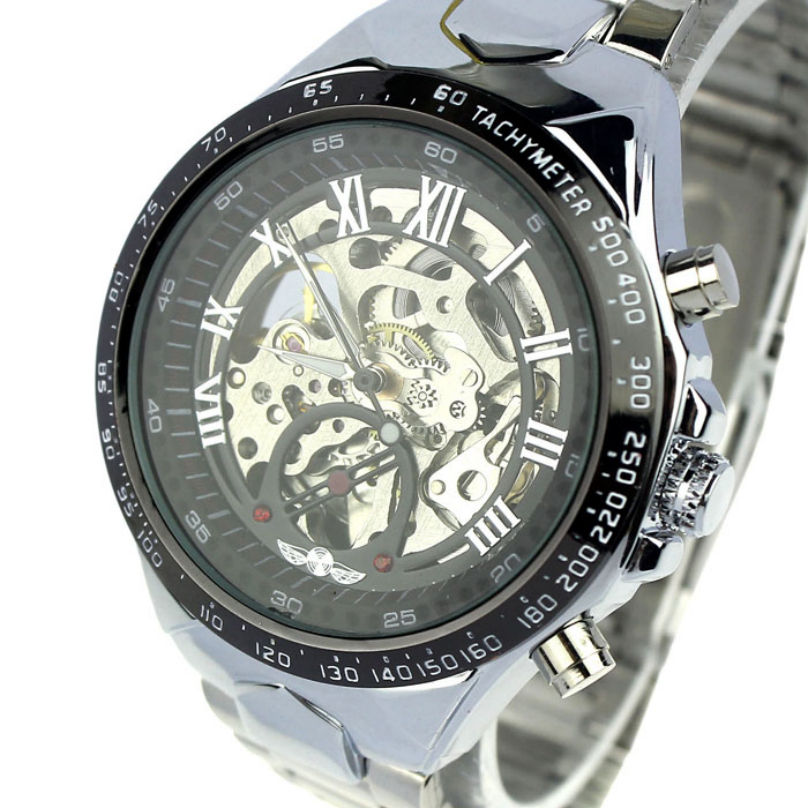 Top Brand Mens Full Steel Hand Wind Watch Classic wristwatches Steampunk Skeleton Mechanical Men Fashion Stainless