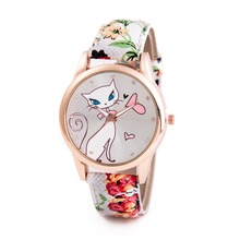 2016 New Style Cute Cartoon Cat Watches Women Fashion Large Numeral Casual Watch Floral Strap Quartz