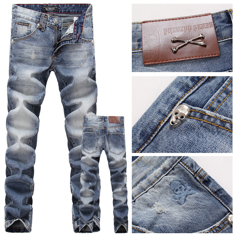 2015 New Men Classic Skull Designer Skinny Jeans, High Quality Cotton Casual Pants, Famous Brand Straight Denim Jeans Trousers