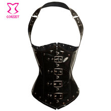 Sexy Gothic Steampunk Clothing Women Black PVC Halter-neck Steel Boned Underbust Corset Vest Waist Training Espartilho Feminino