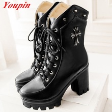 Woman’s ankle boots 2015 Autumn winter fashion biker Black lacing fetish Waterproof platform pumps boots Knight Free shipping