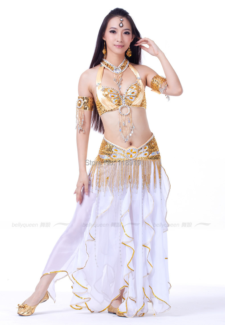 2014 Womens New Beaded Belly Dance Costumes Bra and Belt and Ruffled Skirt and Necklace Set Indian Dancing Dress Clothes 5 Pcs