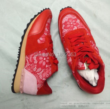 2015 Luxury Brand Valentine Sneakers Black red pink Rivets Shoes Unisex Leisure Men Women Lace Genuine