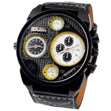 2015 Brand New Oulm 9318 Men s Watches Double Movt Strips Hours Marks Round Dial Leather
