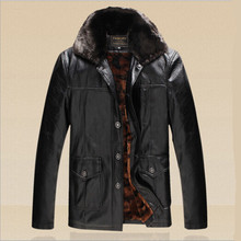 2015 Fashion Jacket Winter Men Leather Coat long With Fur Collar Detachable Thicken Polyester Lininig Outerwear Size S-3XL
