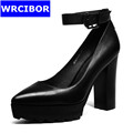 Free shipping 2017 Women Ankle strap Pumps Pointed Toe Thick High Heels Women Shoes Party Wedding