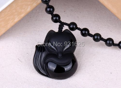 beautiful Black 100% Natural A Obsidian Carved FOX Necklaces pendant beautif -4