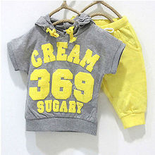 New 2015 summer kids clothes, cream 369 children clothing set, girls and boys short-sleeve T-shirt hoodies pant, baby sport suit