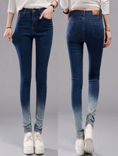 2016 Spring gradient women high waisted denim skinny jeans Elastic Slim Pencil Pants Trousers washed vintage sexy slim jeans