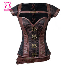 Brown/Black Brocade Steampunk Corset Overbust Steel Boned Waist Training Corsets Sexy Corselet Burlesque Costume Gothic Clothing