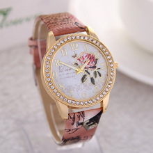 2015 New Fashion Chinese Style Peony Pattern Watch Gilt Digital Quartz Casual Leather Clock Women Dress