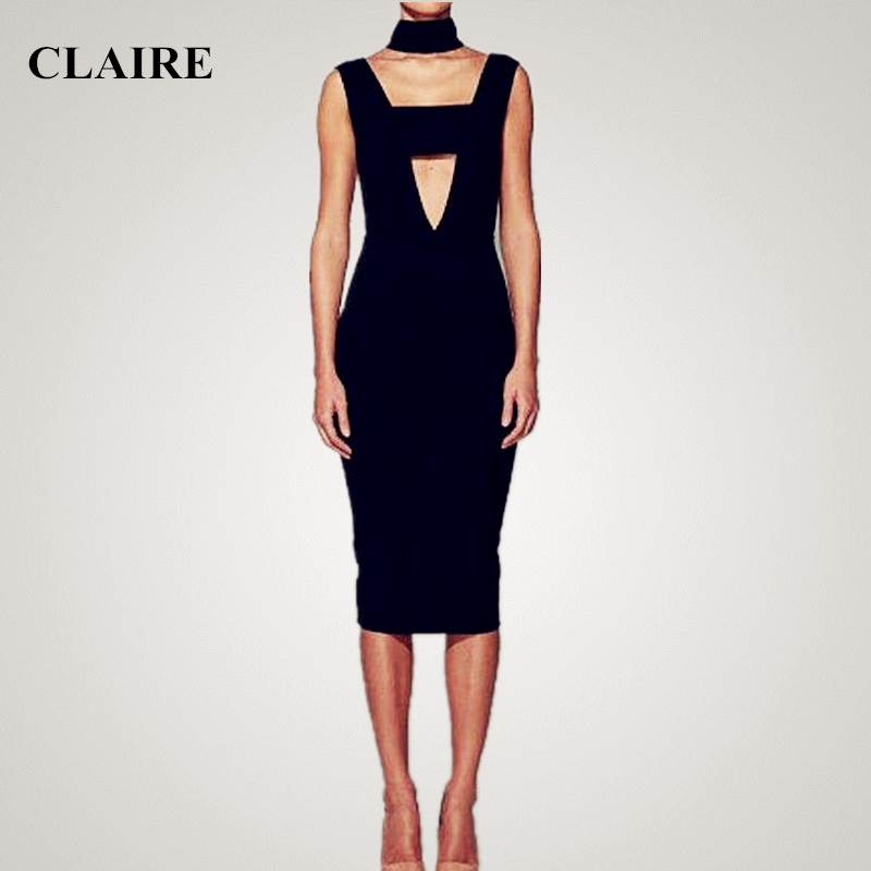 Claire Sunshine 2015 Autumn Black Turtleneck V Neck Knee Length Party Sexy Bodycon Elegant HL Womans Bandage Dresses H1349