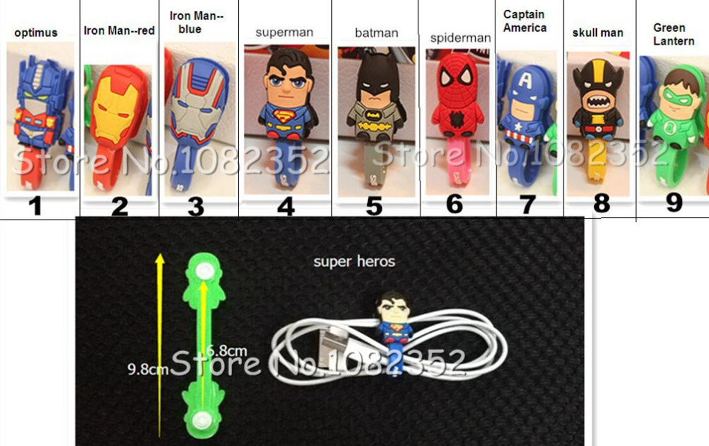 1pc sale silicone super hero earphone charger cable winder superman spiderman wire organizer holder cord USB protector free ship