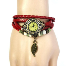 2016 New Fashion women wristwatches With Weave Wrap quartz watch PU Leather Leaf Beads Wrist watches