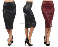 free shipping plus size high-waist faux leather pencil skirt black leather skirt S/M/L/XL