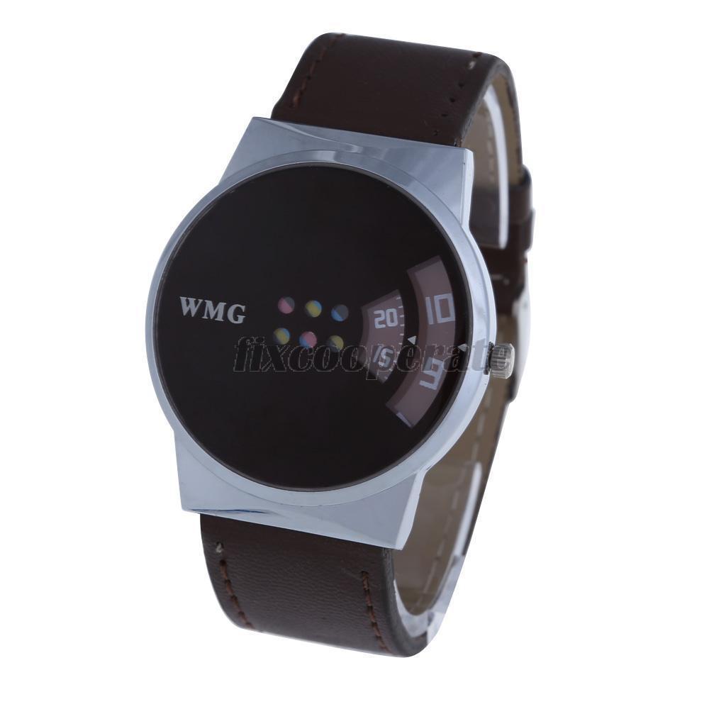 Unisex Men Women Round Dial PU Leather Band Wristwatch Quartz Watch Brown TL 8