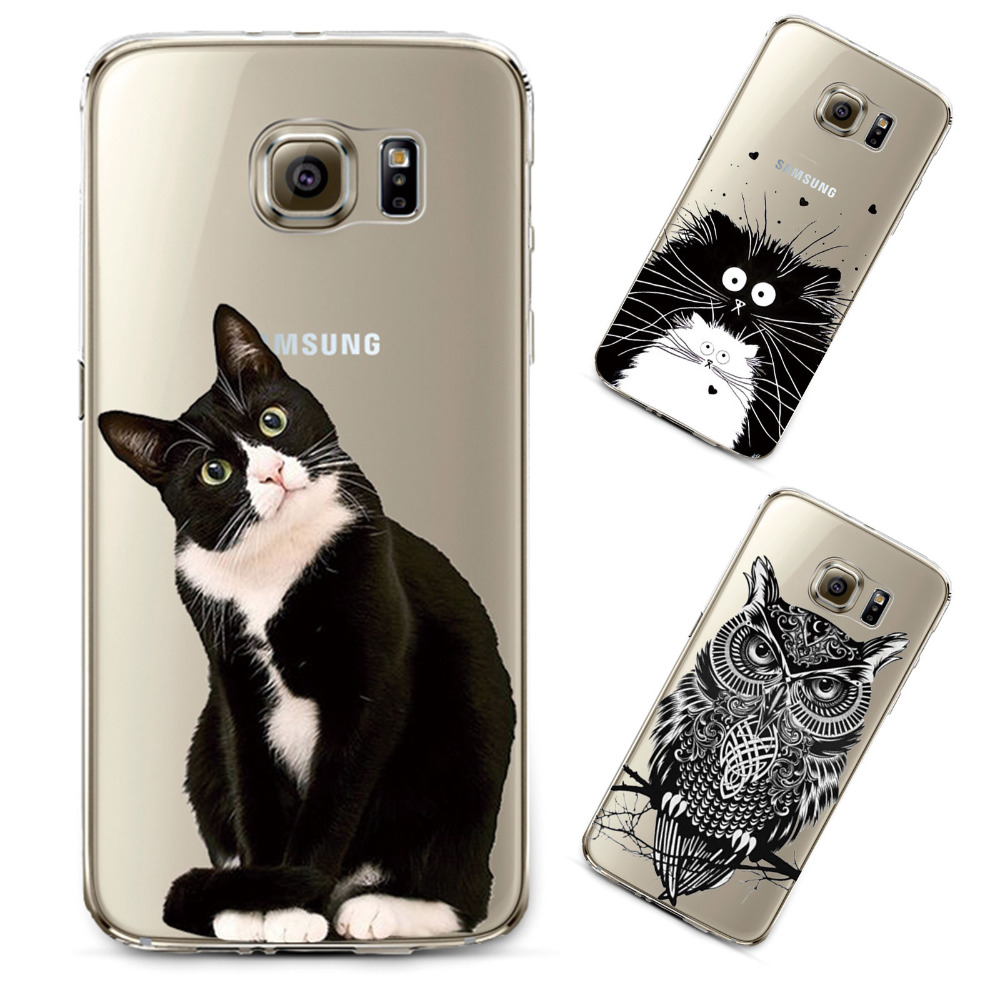 S6 Ultra Thin Transparent Soft TPU Black White Cat Rabbit Owl Eagle Animals Painted Cell phone Back Cover For Samsung Galaxy S6
