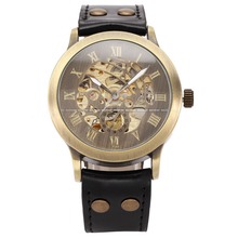 Shenhua Case Vintage Bronze Mens automático esquelético mecánico analógico reloj negro correa de cuero auto liquidación Steampunk reloj