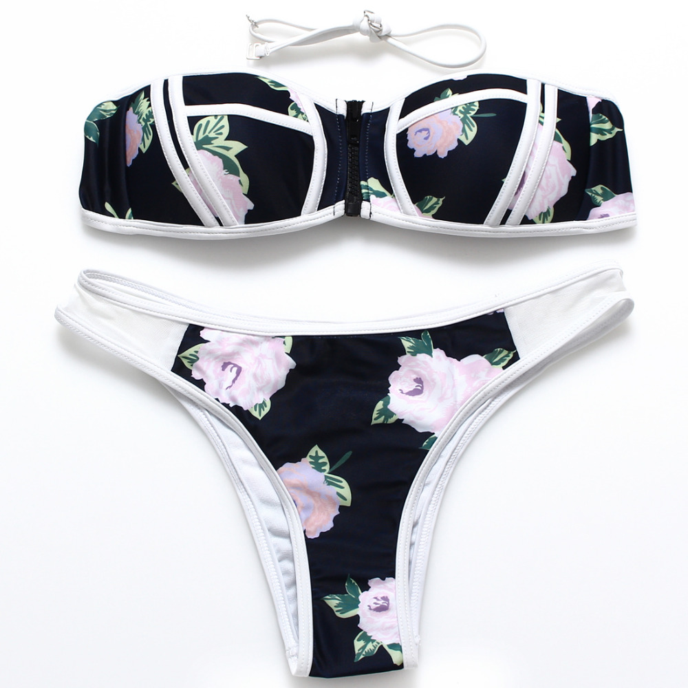 Stripsky Print Zipper Bandeau Push Up Padding Brazilian Bikini Strappy Swimsuit Sexy Women Swimwear Beachwear Stripsky Print Zipper Bandeau Push Up Padding Brazilian Bikini Strappy Swimsuit Sexy Women Swimwear Beachwear