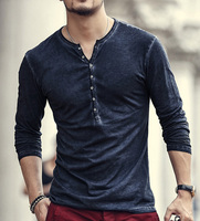 Brand Designer Men Cotton Vintage Henry T Shirts Casual Long Sleeve High quality Men old color