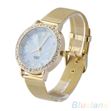 Women Elegant Crystal Roman Numerals Golden Plated Metal Mesh Band Wrist Watch 1QB6 4BIV