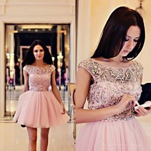 High Quality Luxury Pink Tulle Short Mini Open Back Beaded Crystals Formal Party Gown Vestidos De Fiesta Cocktail Dresses 2014