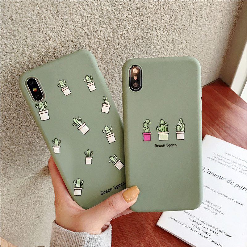 كاواي ماتشا الشاي الأخضر الصبار قضية الهاتف غطاء سيليكون ل Coque آيفون 7 7plus 6 6s 8 X Xs ماكس Xr زوجين النبات كوريا حالات Fitted Cases Gooum