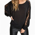 Plus Size Blusas 2016 Fashion Women Lace Stitching Long Batwing Sleeve T shirt Sexy Tops Tee