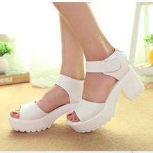 2016 Women Summer shoes white Black fashion platform soft PU sandals women’s high-heeled shoes thick heel sandals big size 25 cm