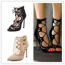 2015 Sexy Women Pumps Pointed Toe High Heels Shoes Woman Lace Up Cutouts Fashion Women Wedding Shoes Sapato Feminino