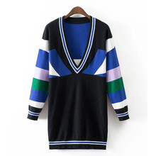 High Quality Chompas Mujer 2016 Autumn Fashion Women Sweater Dress Colorful Striped Long Knitted Dresses Deep V-Neck Pullover