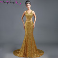 Robe De Soiree Elegant Sequins Gold Evening Dresses 2016 Sexy V Neck Mermaid Long Prom Dress
