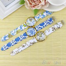 Women s Geneva Flowers Pattern Faux Leather Round Dial Analog Quartz Wrist Watch 28CN