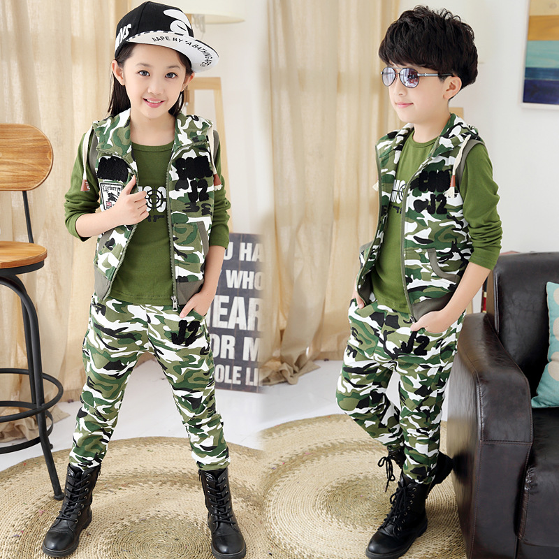 New 2015 Camouflage Children's Autumn Clothing Sets 3-piece Set Cool Boys & Girls Sports Suit Roupas Meninos Infantil Conjuntos