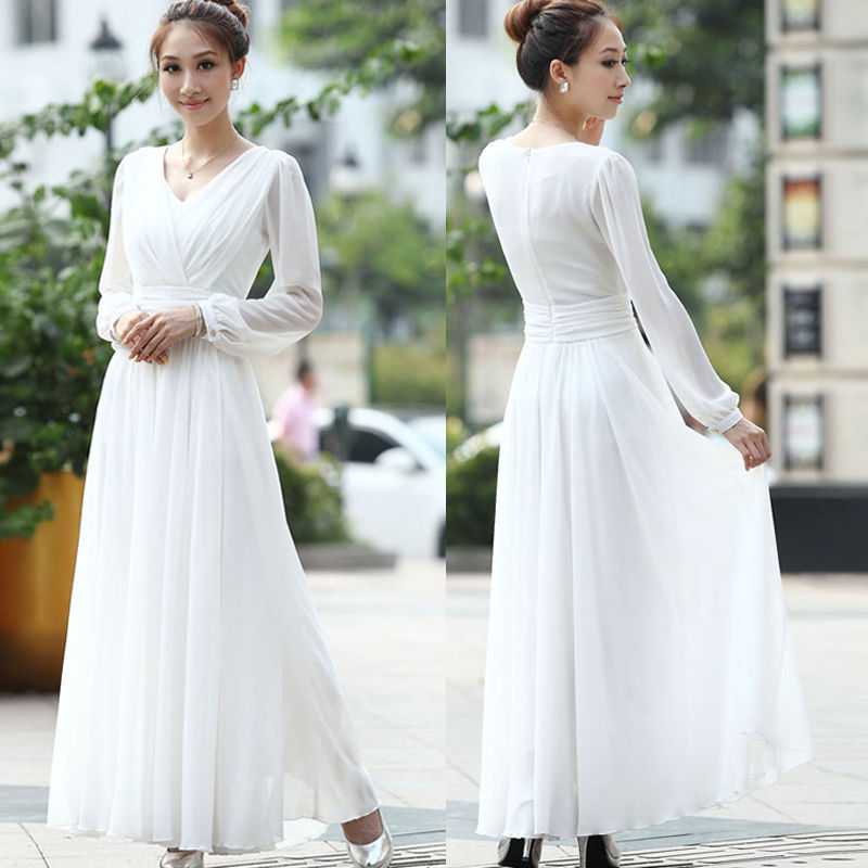 white long sleeve chiffon dress