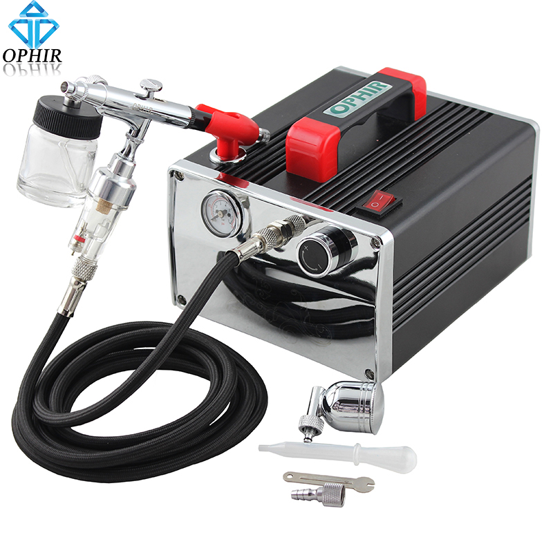 OPHIR 0.3mm Dual Action Airbrush Kit & Mini Air Compressor for Hobby Makeup Cake Nail Art_AC091+AC005
