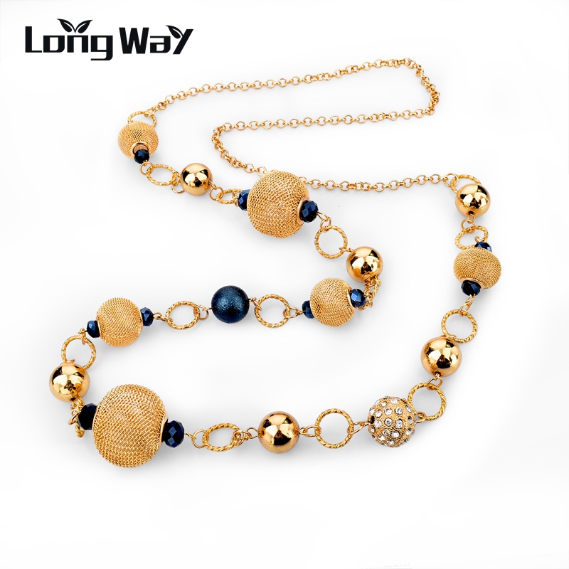 Vintage Silver Gold Chain Necklace Jewelry Unique Biloux Colliers 2015 Yellow Blue Crystal Beads Long Necklaces